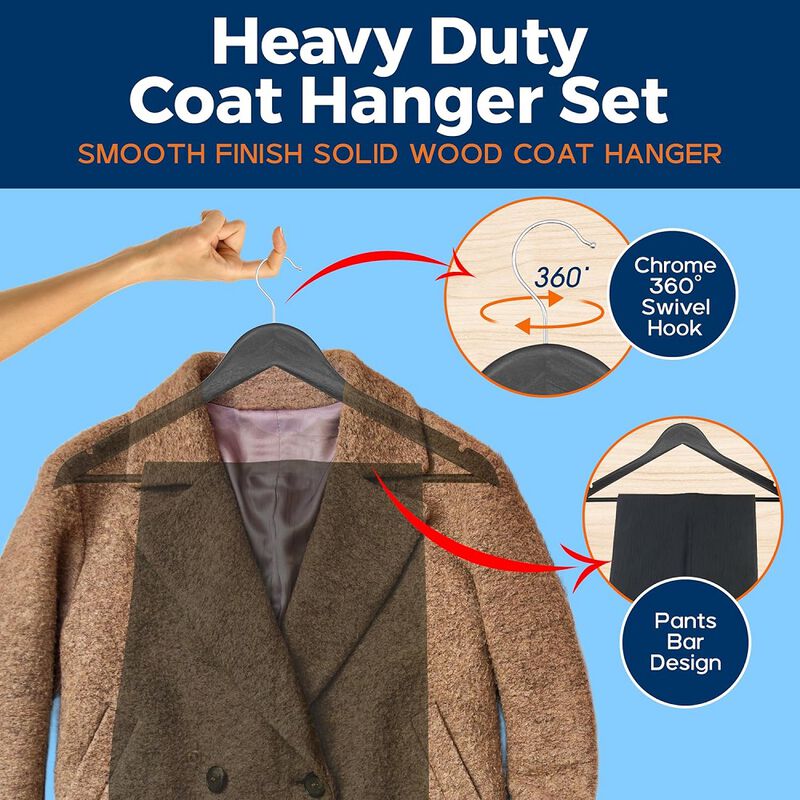 Wooden Clothes Hangers - 60 Pack, Durable, Non-Slip, Space-Saving Hangers for Dresses, Coats, and More, Holds Up to 10 lbs with 360° Swivel Hook, Black Finish