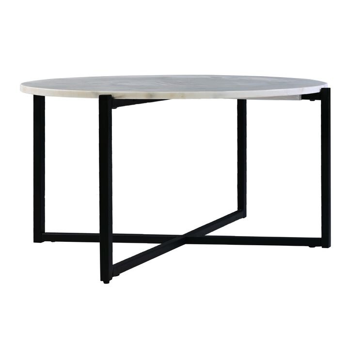 Ivy 30 Inch Marble Top Round Coffee Table with Metal Frame, White and Black-Benzara