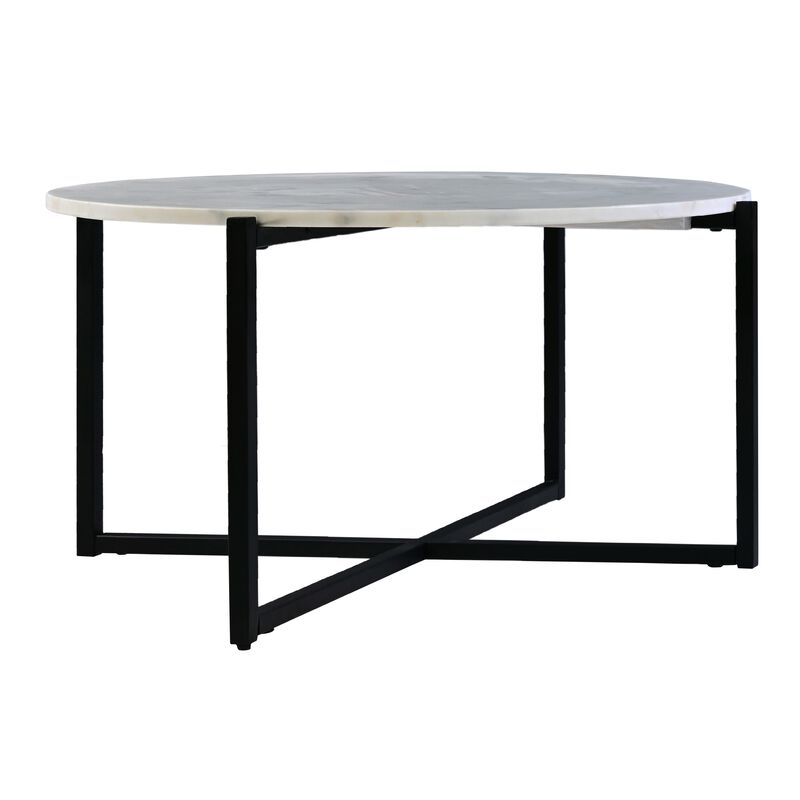 Ivy 30 Inch Marble Top Round Coffee Table with Metal Frame, White and Black-Benzara