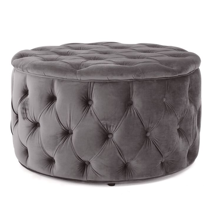 Keja Ottoman, Tufted Dark Gray Velvet, Soft Cushioning, Round 30 Inch - Benzara