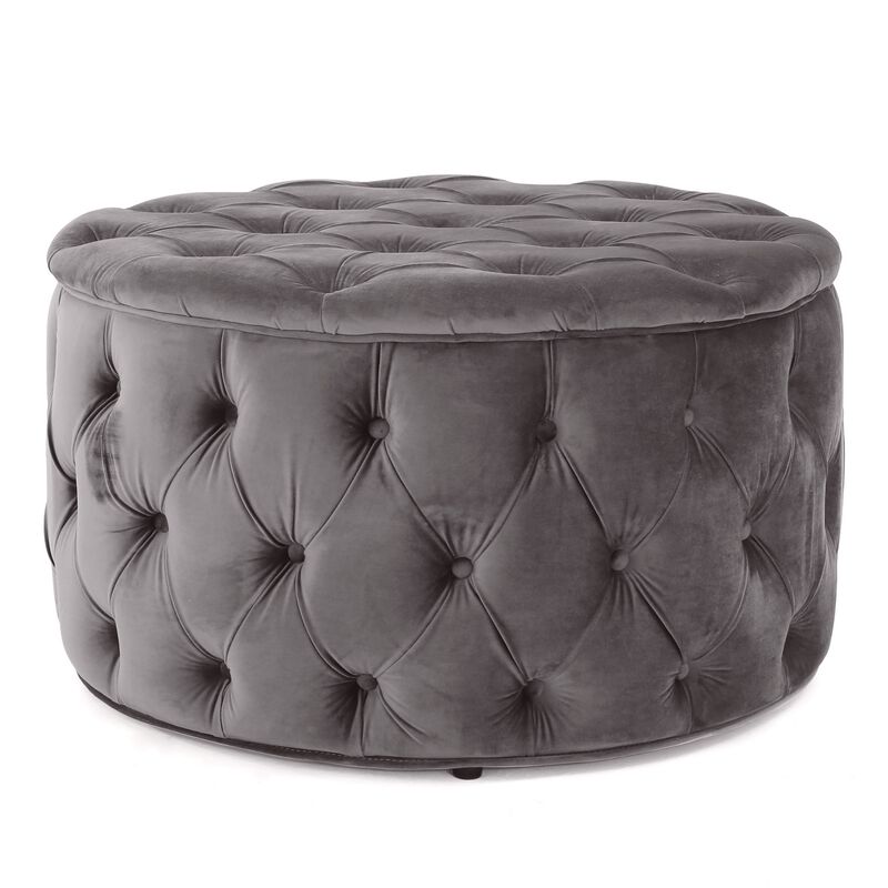 Keja Ottoman, Tufted Dark Gray Velvet, Soft Cushioning, Round 30 Inch - Benzara