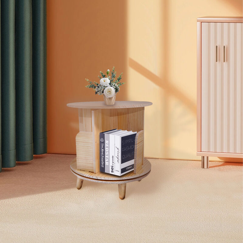 Pine Wood 1-Layer Rotating Bookcase, 360° Bookshelf Display Stand for Home and Office Use