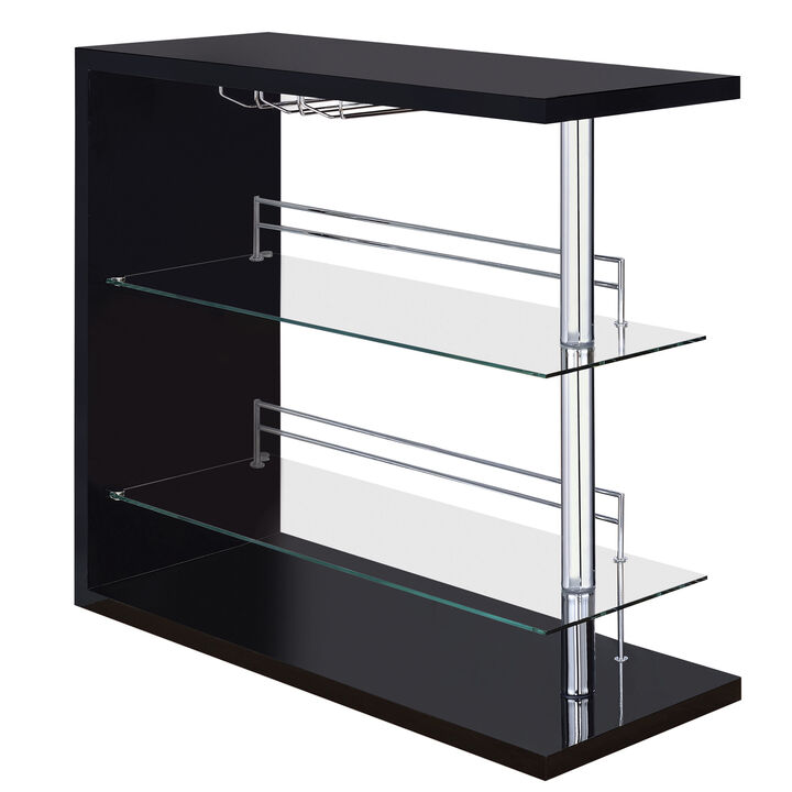 Enticing Rectangular Bar Unit with 2 Shelves and Wine Holder, Black-Benzara