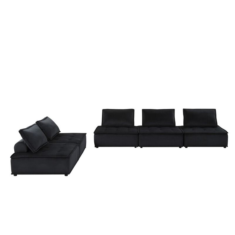 Alaya 120 Inch Tufted 5 Piece Sectional Sofa, Back Cushions, Black Velvet - Benzara