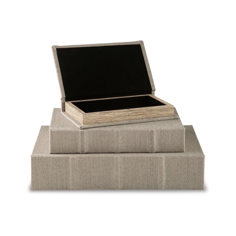 Jolly Decor Storage Book Box Set of 3, Beige Linen, Black Velvet Lining - Benzara