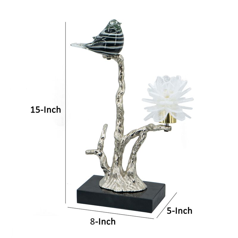 Sue 15 Inch Accent Decor Figurine, Bird on a Branch, Flower, Black, Silver - Benzara