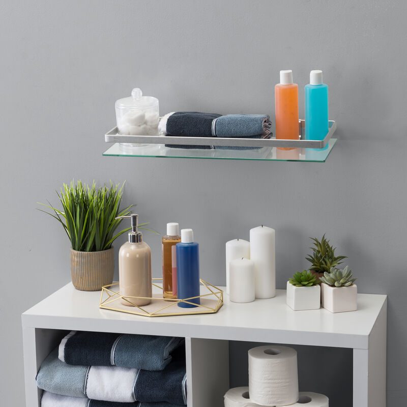 Floating Wall Mount Tempered Glass Bathroom Shelf with Brushed Chrome Rail