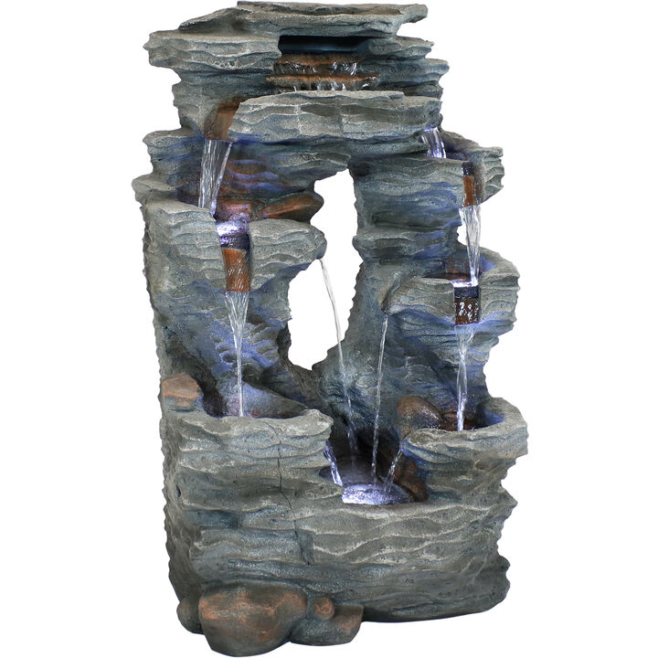 Sunnydaze Dual Cascading Rock Waterfall Fountain with LED Lights - 39 in