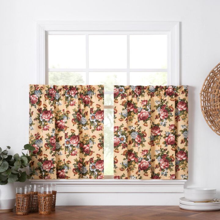 Ellis Bella Rose Stylish Medium Scale Printed Floral Pattern 1.5" Rod Pocket Tier for Windows 56"x24" Butter