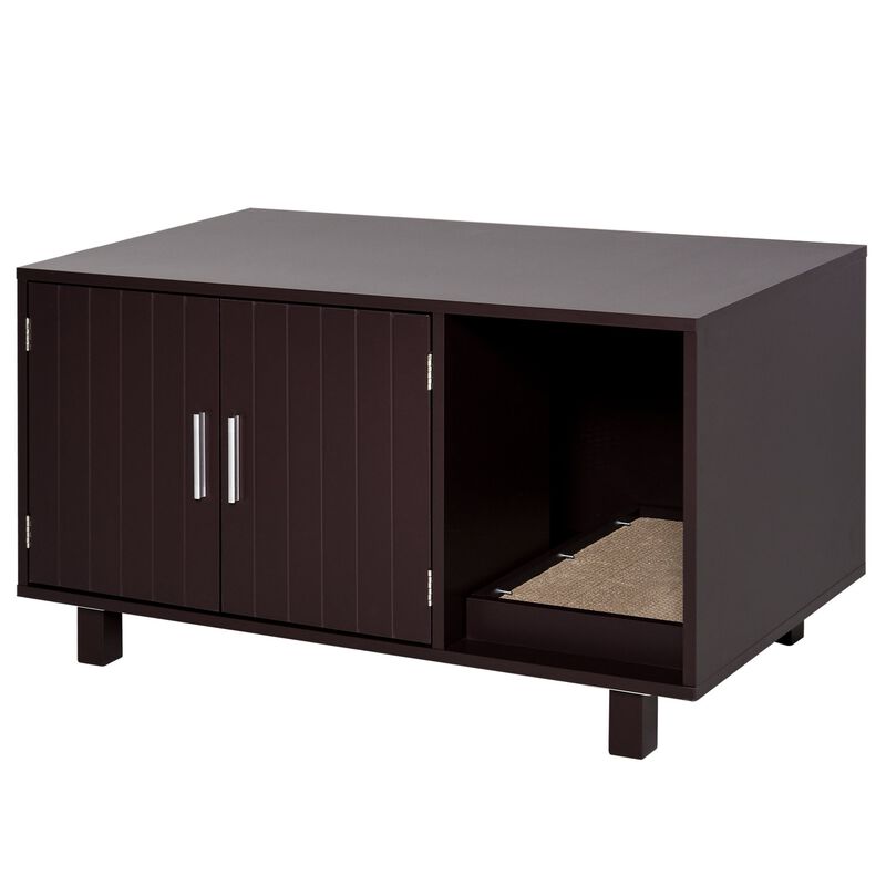 Brown Feline Hideaway: Wooden Litter Box Nightstand with Scratcher