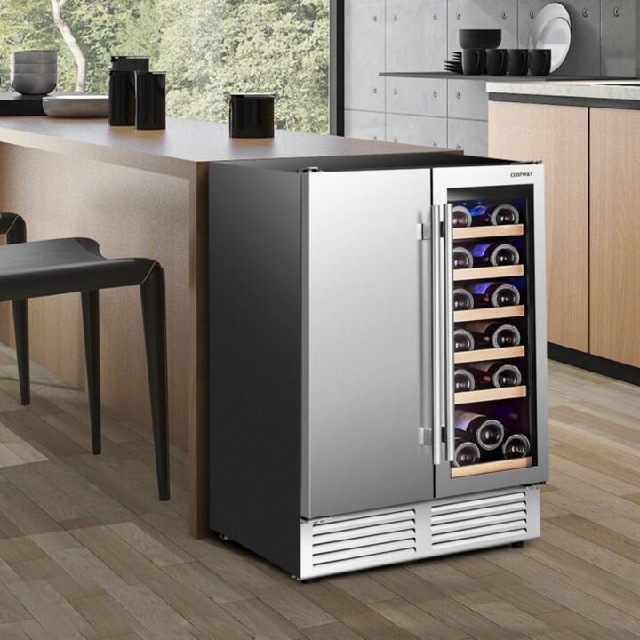Costway 2-in-1 Beverage and Wine Cooler with Independent Temperature Control and LED Lights