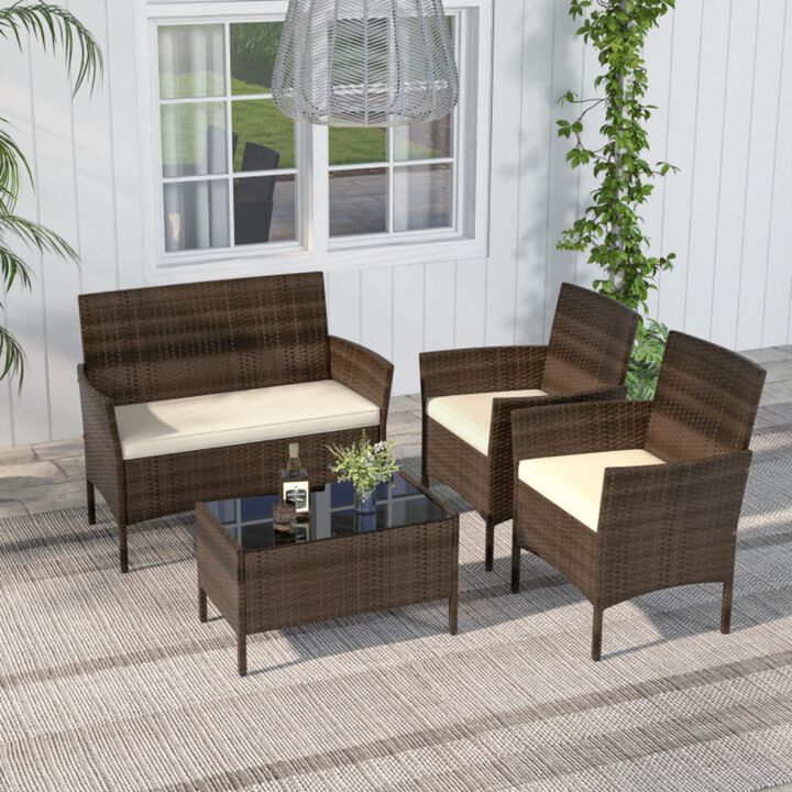 Hivvago 4 Piece Patio Rattan Conversation Set with Cozy Seat Cushions