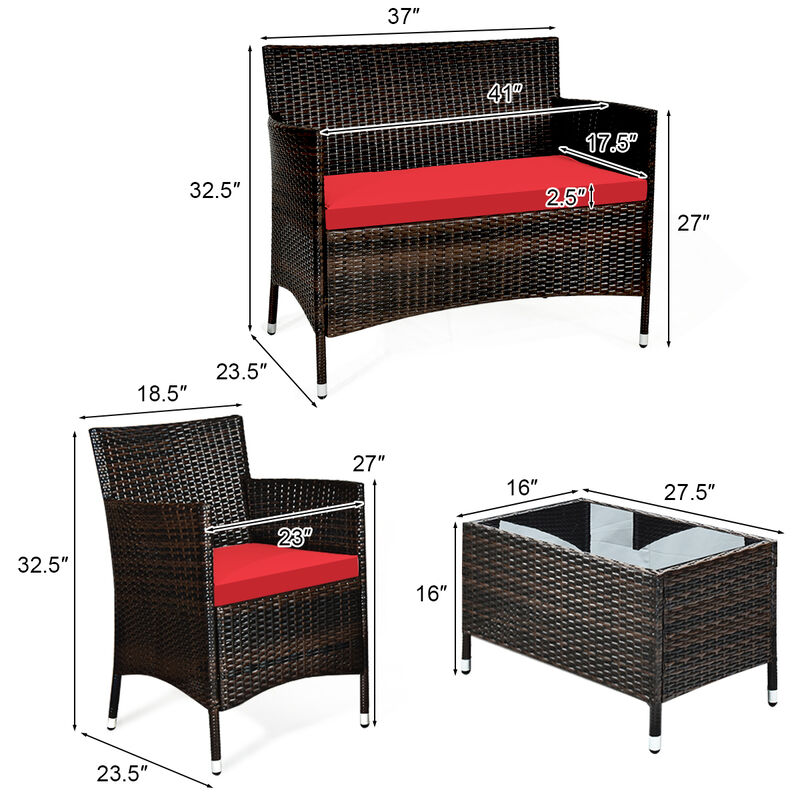 4 Pieces Comfortable Outdoor Rattan Sofa Set with Glass Coffee Table