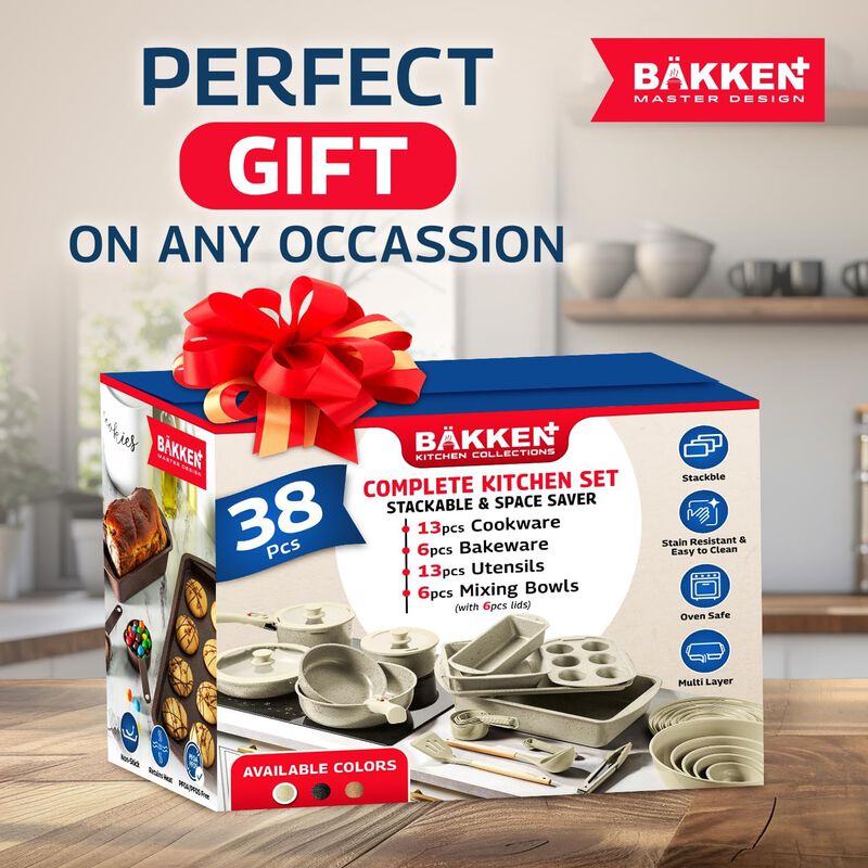 Bakken Master 38 Piece Granite Cookware and Bakeware Set – Nonstick Granite Coating, Pots and Pans with Detachable Handles and Tempered Glass Lids, 6-piece Bakeware set, 12-piece Mixing Bowls