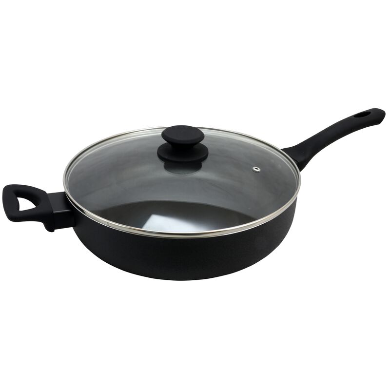 Oster Ashford 5 Quart Aluminum Saute Pan with Tempered Glass Lid in Black