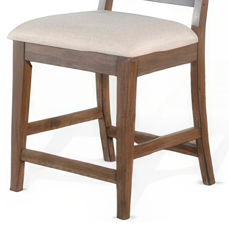 Yael Counter Height Stool Set of 2, Ivory White, Light Brown Wood - Benzara