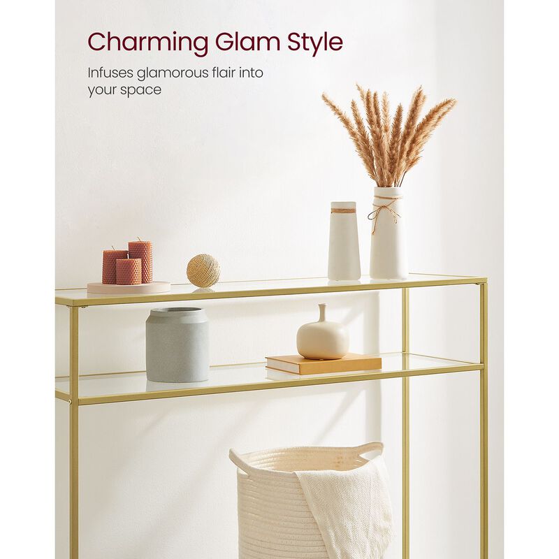 Modern Console Table with Tempered Glass & Metal Frame - Gold, 2 Shelves