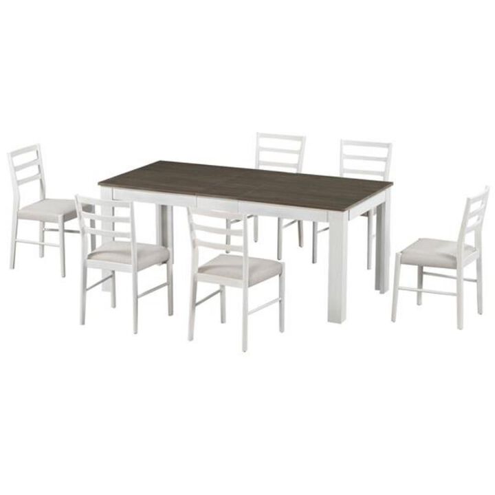 7-Piece Dining Table Set Multifunctional Extendable Table with 2 Drawers & 6 Cushioned Chairs