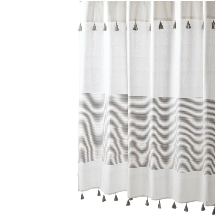 Minimalist Striped Cotton Shower Curtain – Soft, Breathable Fabric with Boho Tassels
