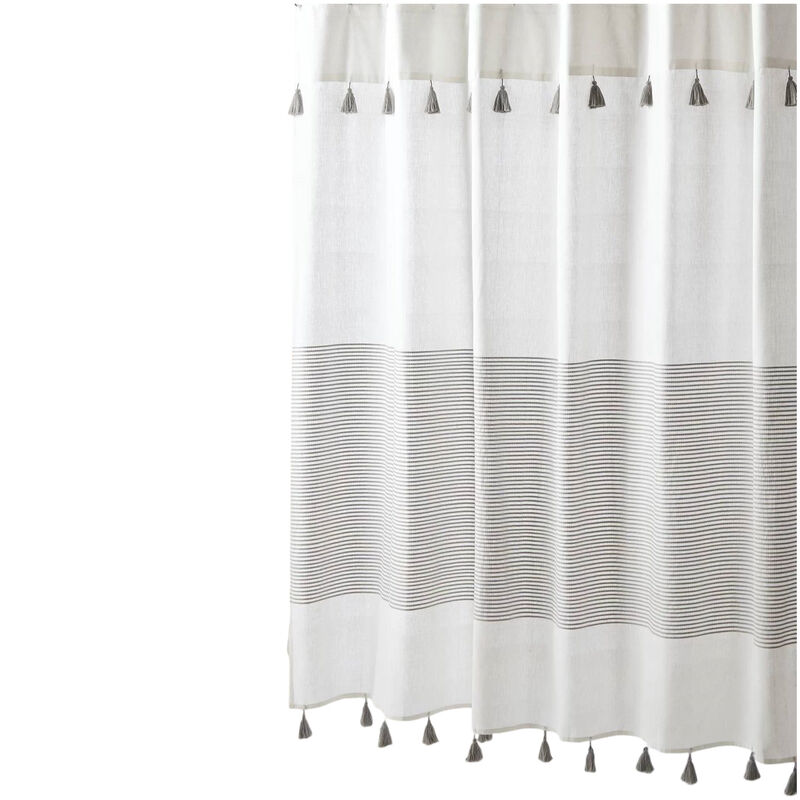 Minimalist Striped Cotton Shower Curtain – Soft, Breathable Fabric with Boho Tassels