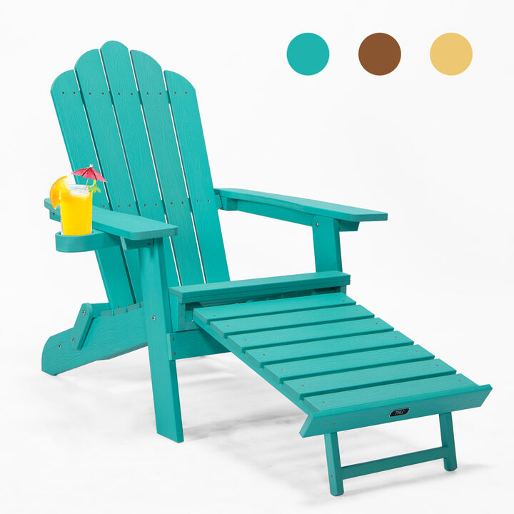 Tale Folding Adirondack Chair With Pullout Ottoman With Cup Holder, Oversized, Poly Lumber
