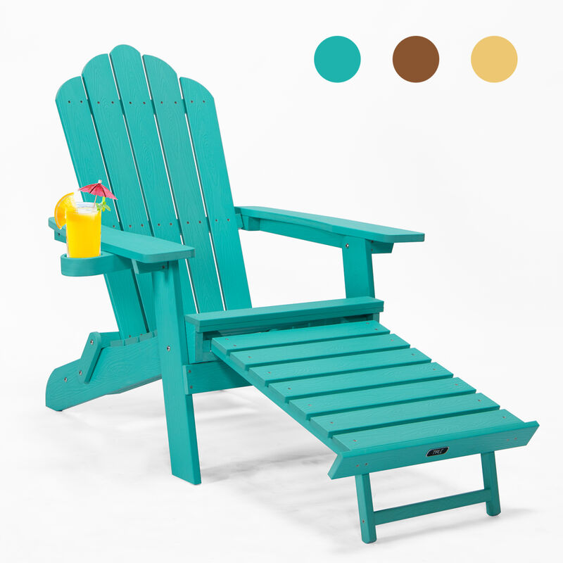 Tale Folding Adirondack Chair With Pullout Ottoman With Cup Holder, Oversized, Poly Lumber