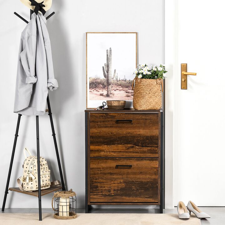 Rustic Brown Shoe Rack: Slim Cabinet with 2 Flip Doors for Entryway