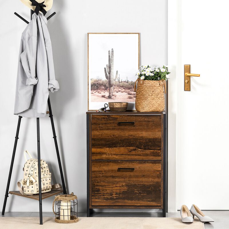 Rustic Brown Shoe Rack: Slim Cabinet with 2 Flip Doors for Entryway