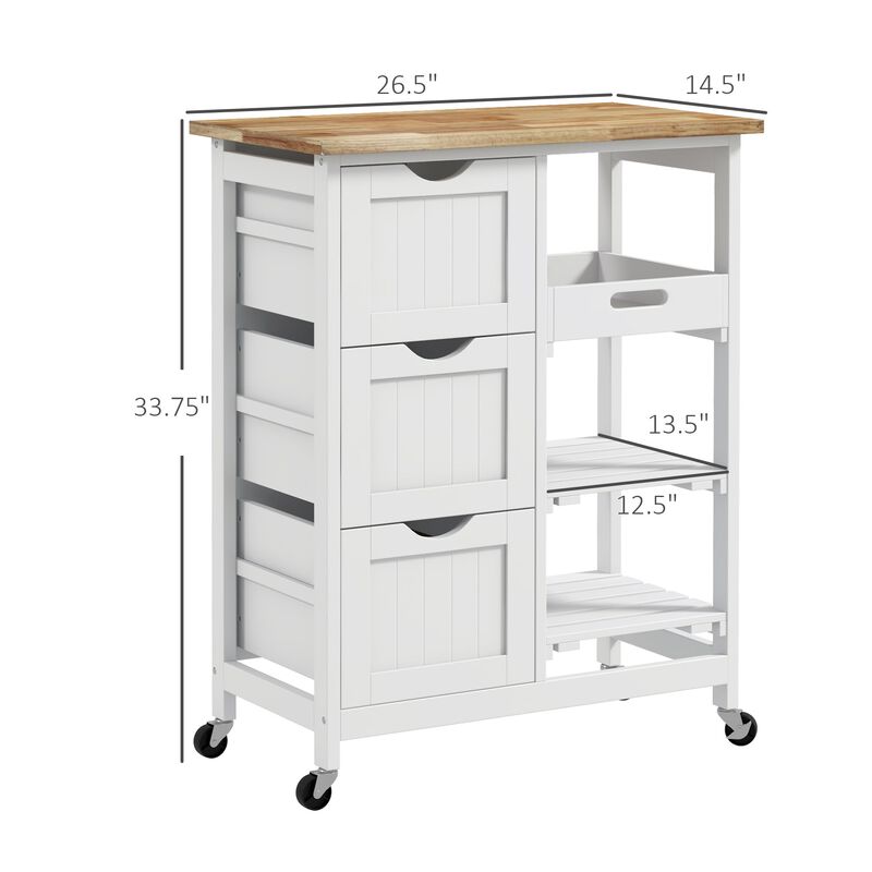 White Rolling Kitchen Island: Wood Top, Shelves, Drawers