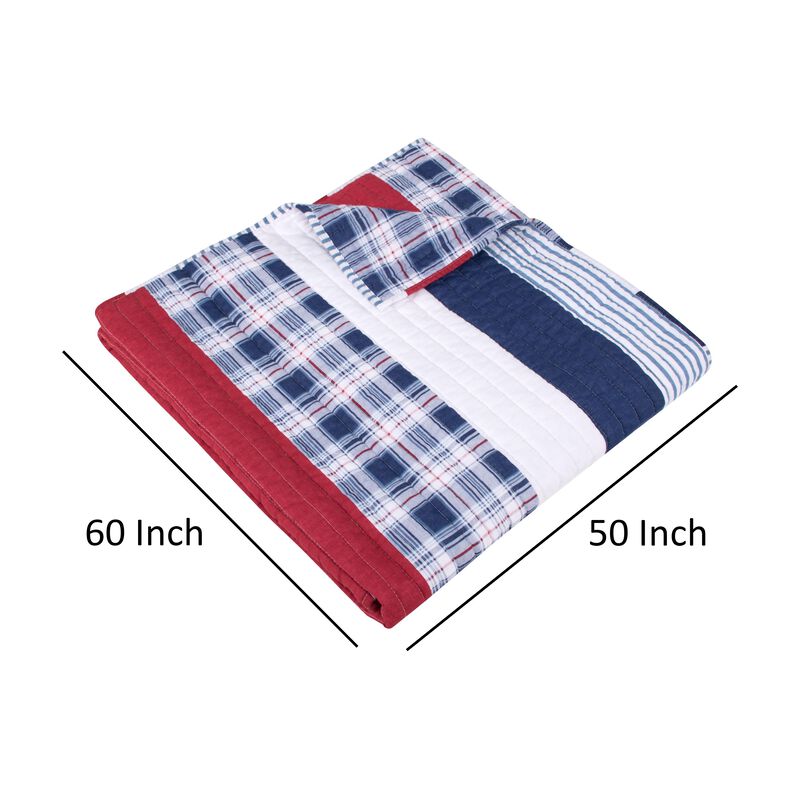 50 x 60 Quilted Throw Blanket, Cotton Fill, Solid, Plaid Stripes, Red, Blue