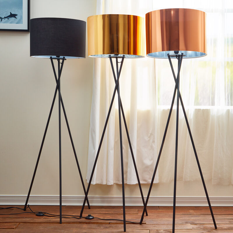 Teamson Home Cara 62.2" Modern Metal Tripod Floor Lamp with Drum Shade, Black/Gold