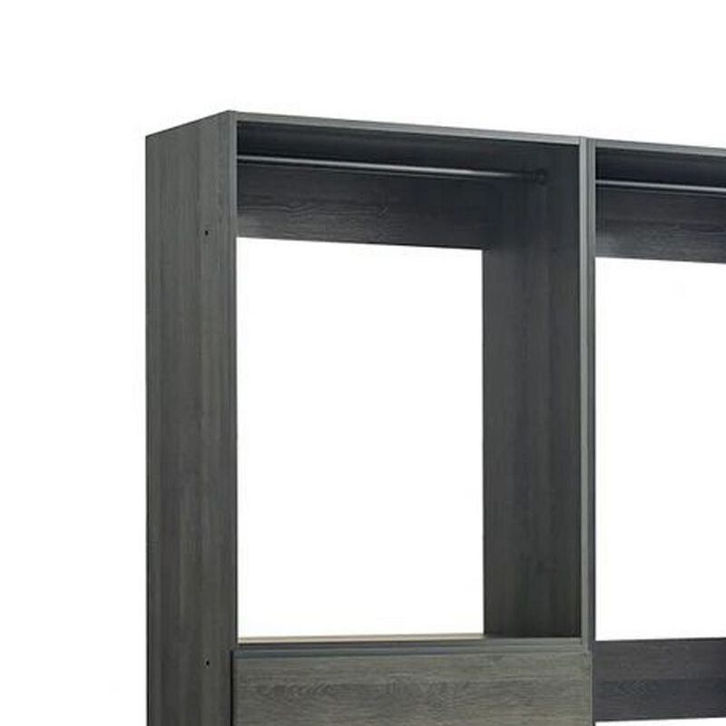 Dee Modular Closet System, 4 Hanging Rods, 6 Drawers, Dark Gray Wood - Benzara