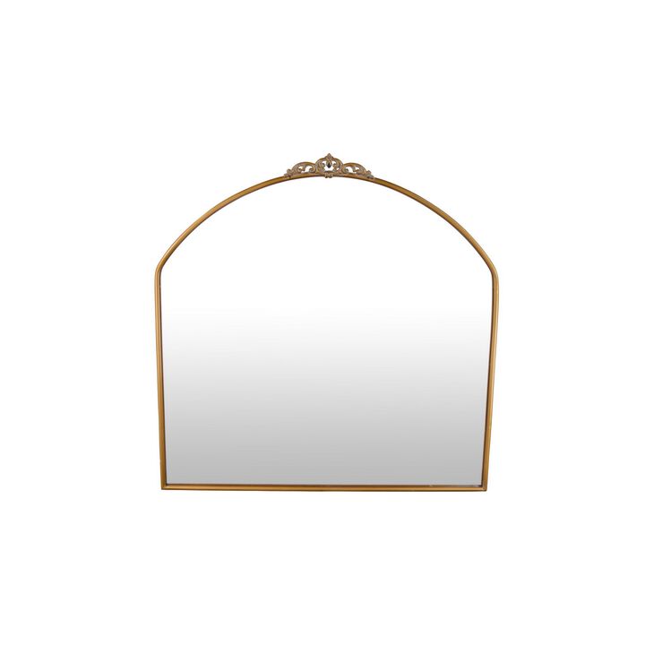 Curved Accent Wall Mirror, Scrolled Details, 36 Inch, Gold Metal Frame - Benzara