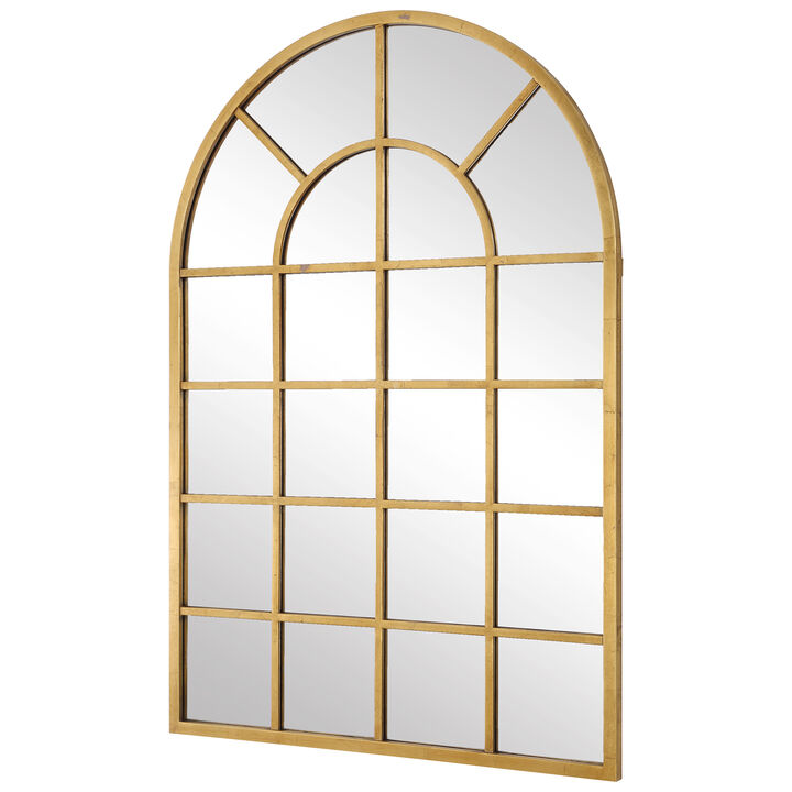 44 Inch Wood Wall Mirror, Arched Windowpane Shape, Antique Gold-Benzara