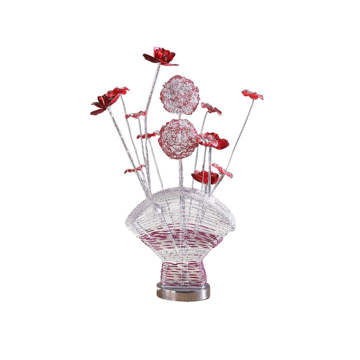 Accent Table Lamp, LED, Red Roses Fan Crystal Vase, Chrome 22 Inch - Benzara