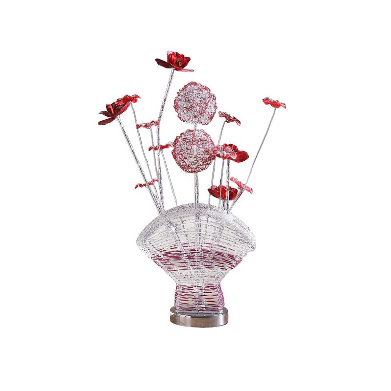 Accent Table Lamp, LED, Red Roses Fan Crystal Vase, Chrome 22 Inch - Benzara