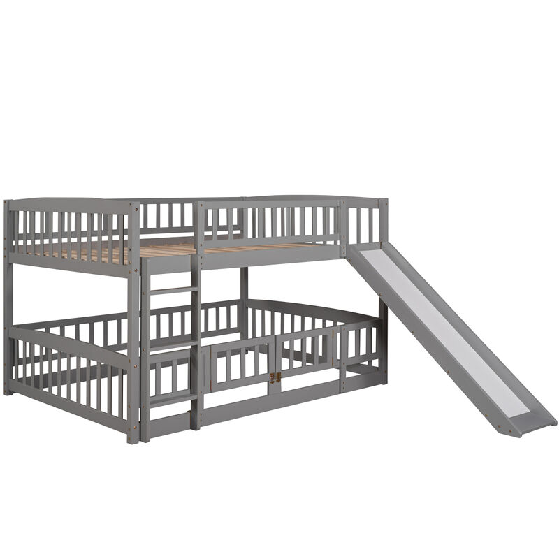 Bunk Bed With Slide, Full Over Full Low Bunk Bed With Fence And Ladder For Toddler Kids Teens