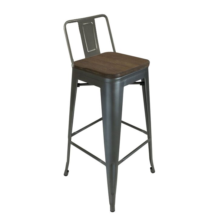 Trace 26 Inch Counter Stool Chair, Low Back, Wood Seat, Gray Metal Finish - Benzara