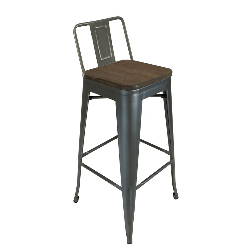 Trace 26 Inch Counter Stool Chair, Low Back, Wood Seat, Gray Metal Finish - Benzara