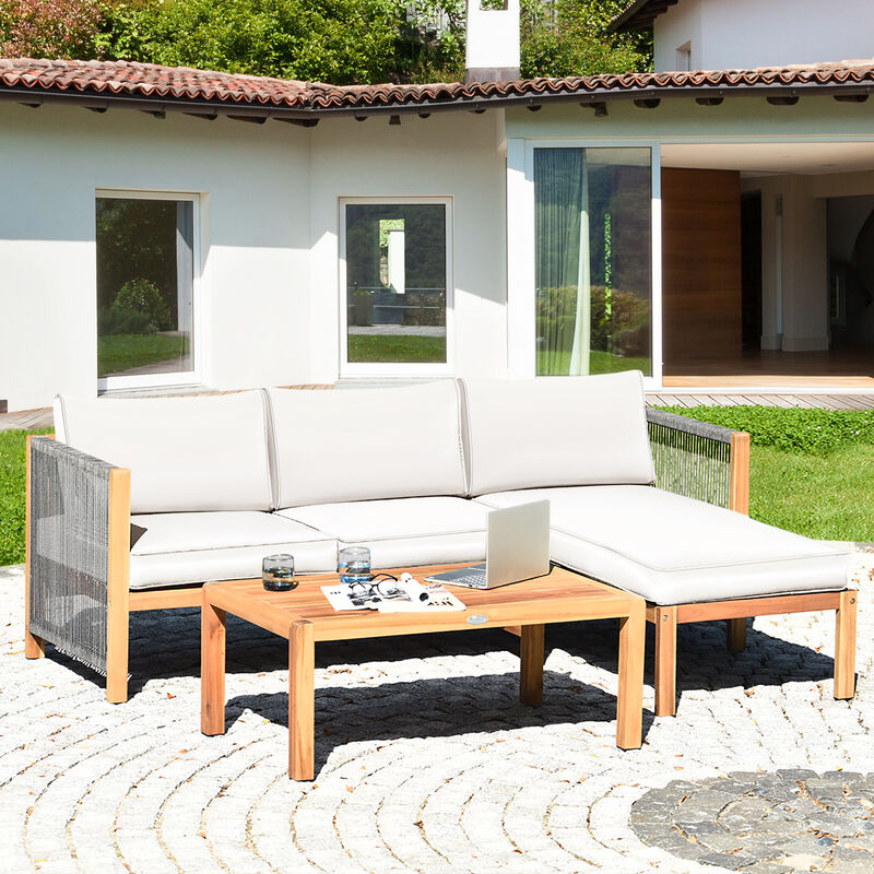 3 Pieces Patio Acacia Wood Sofa Conversation Sets with Nylon Rope Armrest