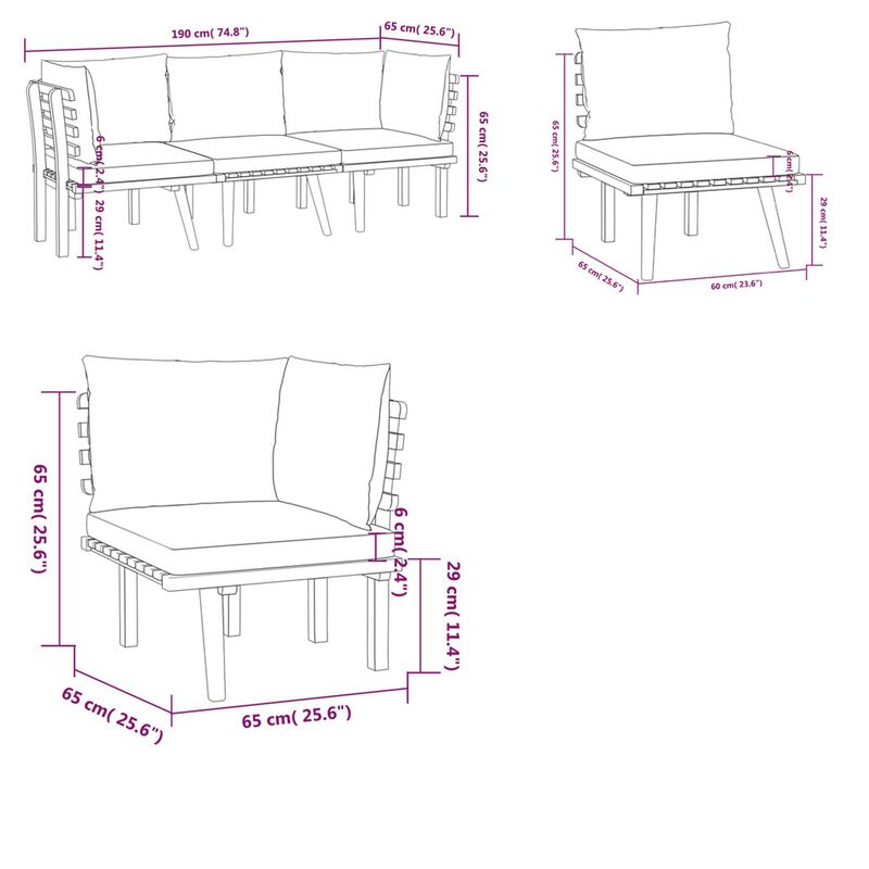 Roma 3pc Modular Outdoor Sofa Set, Solid Acacia Wood, Gray and White - Benzara