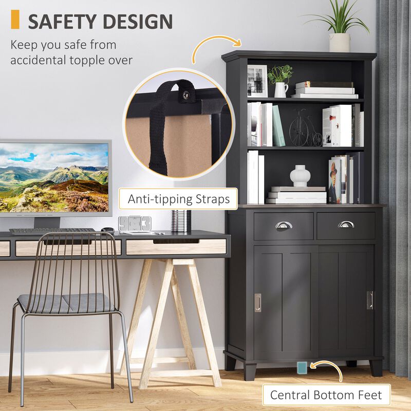 Black Kitchen Organizer: Pantry Cabinet with Sliding Doors and Drawers