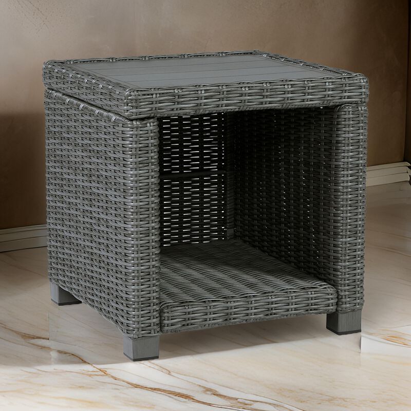 Ellie 23 Inch Outdoor End Table, Lower Shelf, Gray Resin Wicker, Metal - Benzara