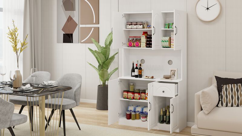 White Wood 39.76 in. Pantry Cabinet with Microwave Oven Countertop