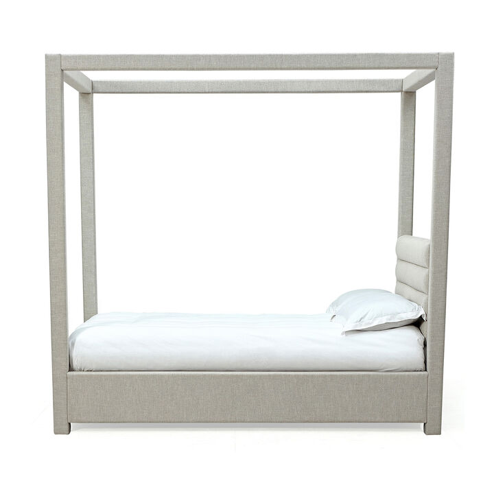 Riu King Size Canopy Bed, Panel Headboard with Tufted Gray Linen Upholstery - Benzara