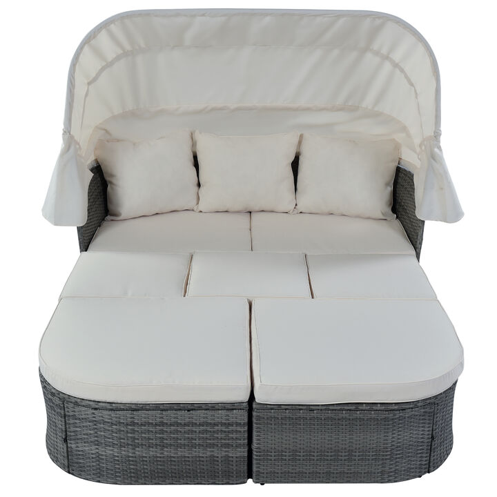 Merax Outdoor Patio Furniture Set Daybed Sunbed with Retractable Canopy Conversation Set Wicker Furniture