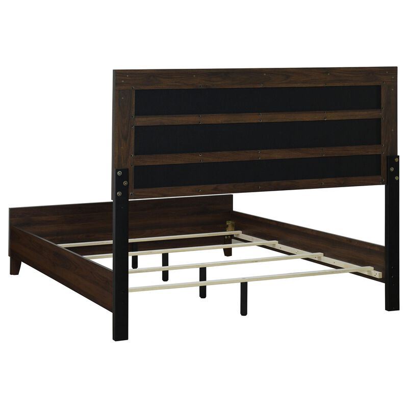 Yels King Size Bed, Gray Channel Tufted Upholstery, Walnut Brown Wood - Benzara