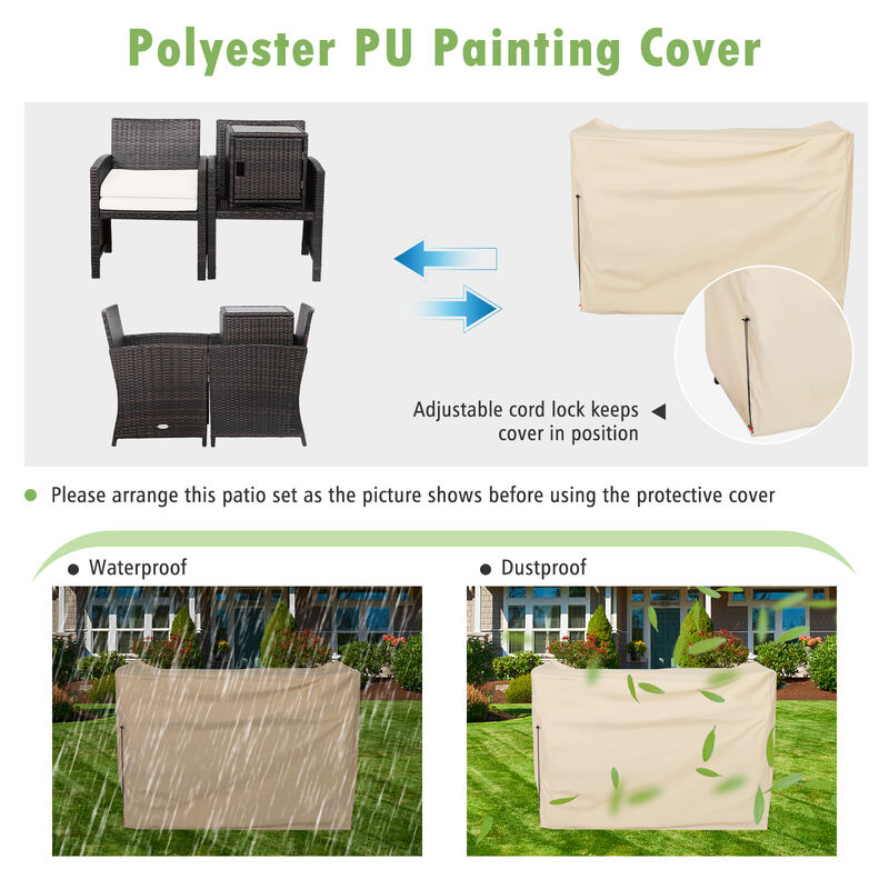 3 Pieces Patio Wicker Furniture Set with Storage Table and Protective Cover