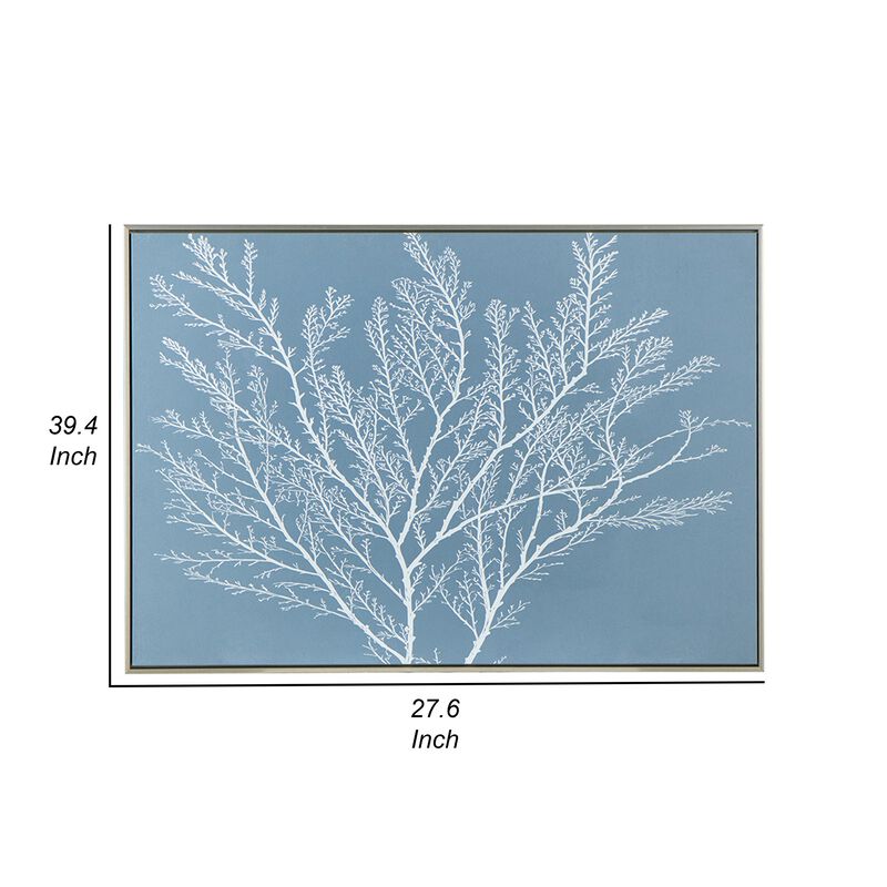 28 x 39  Hanging Wall Art Decor, Rectangular White Tree Design, Blue Canvas - Benzara