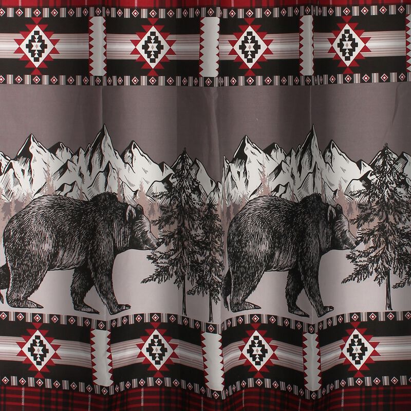 Sofia 72 Inch Bear Shower Curtain, Red and Black Plaid, Poly Microfiber-Benzara